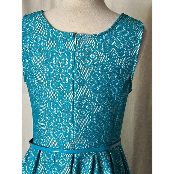 George Women's Teal Lace Dress With Belt  Size L Midi Summer - Picture 9 of 13